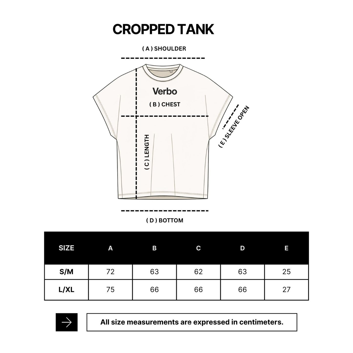 Measurement chart for a cropped tank top with brand name 'Verbo' on a white background.