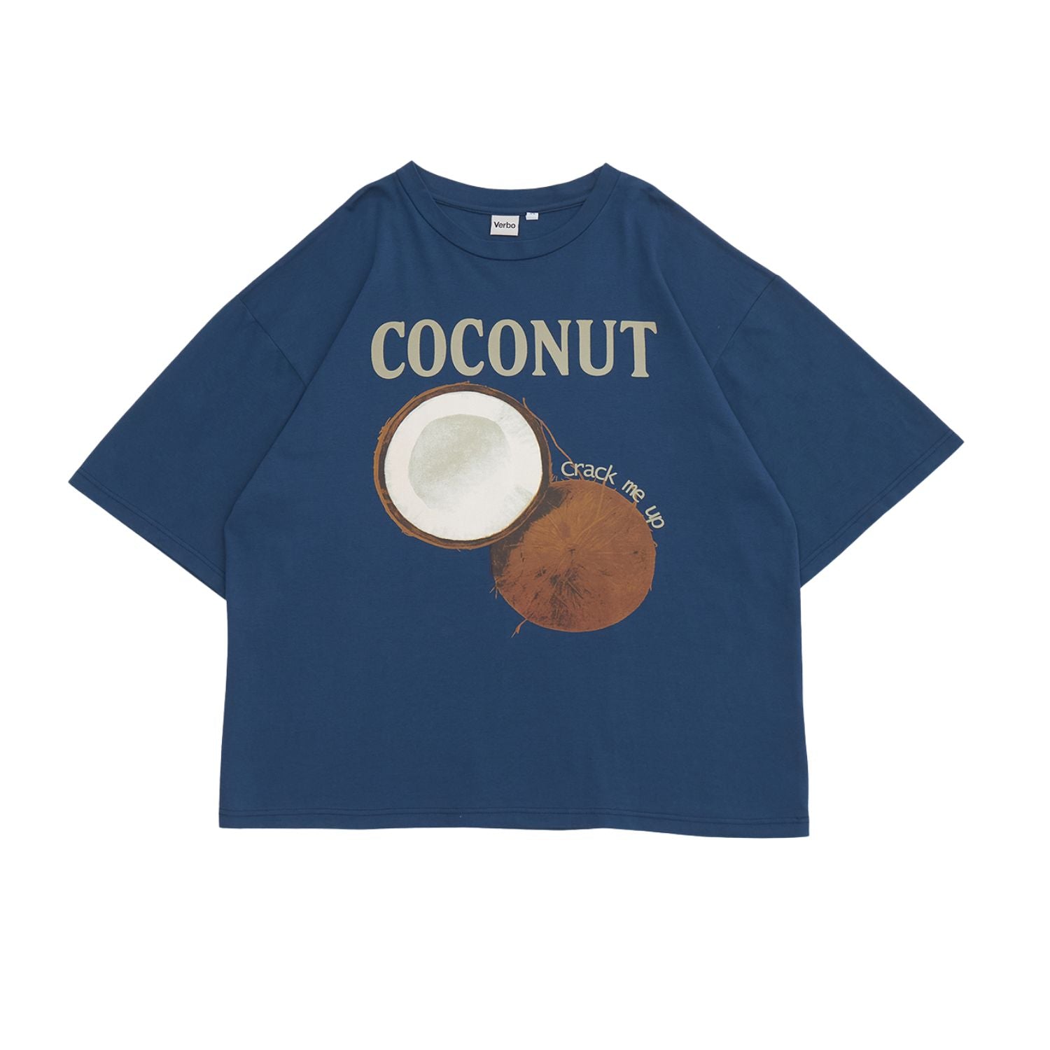 VERBO Coconut Boxy Oversized Tee in Stargazer blue featuring a large "COCONUT" text and coconut graphic with "crack me up" detail.