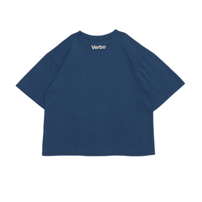 Rear view of the Stargazer blue oversized tee showing the white "Verbo" brand logo printed on the upper back.