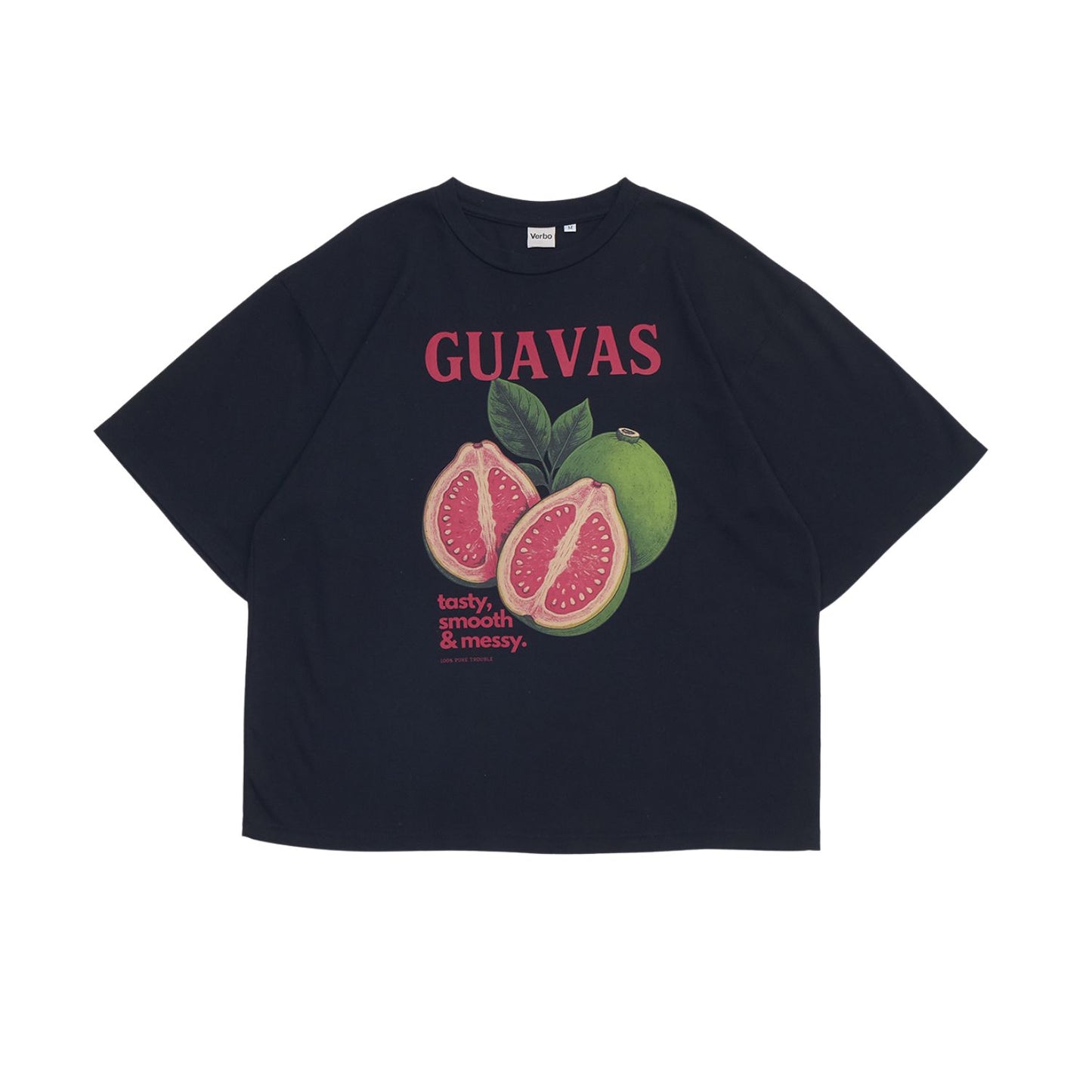 VERBO Guavas Boxy Oversized Tee in Noir black featuring a vintage-style pink guava graphic and red 'GUAVAS' text.