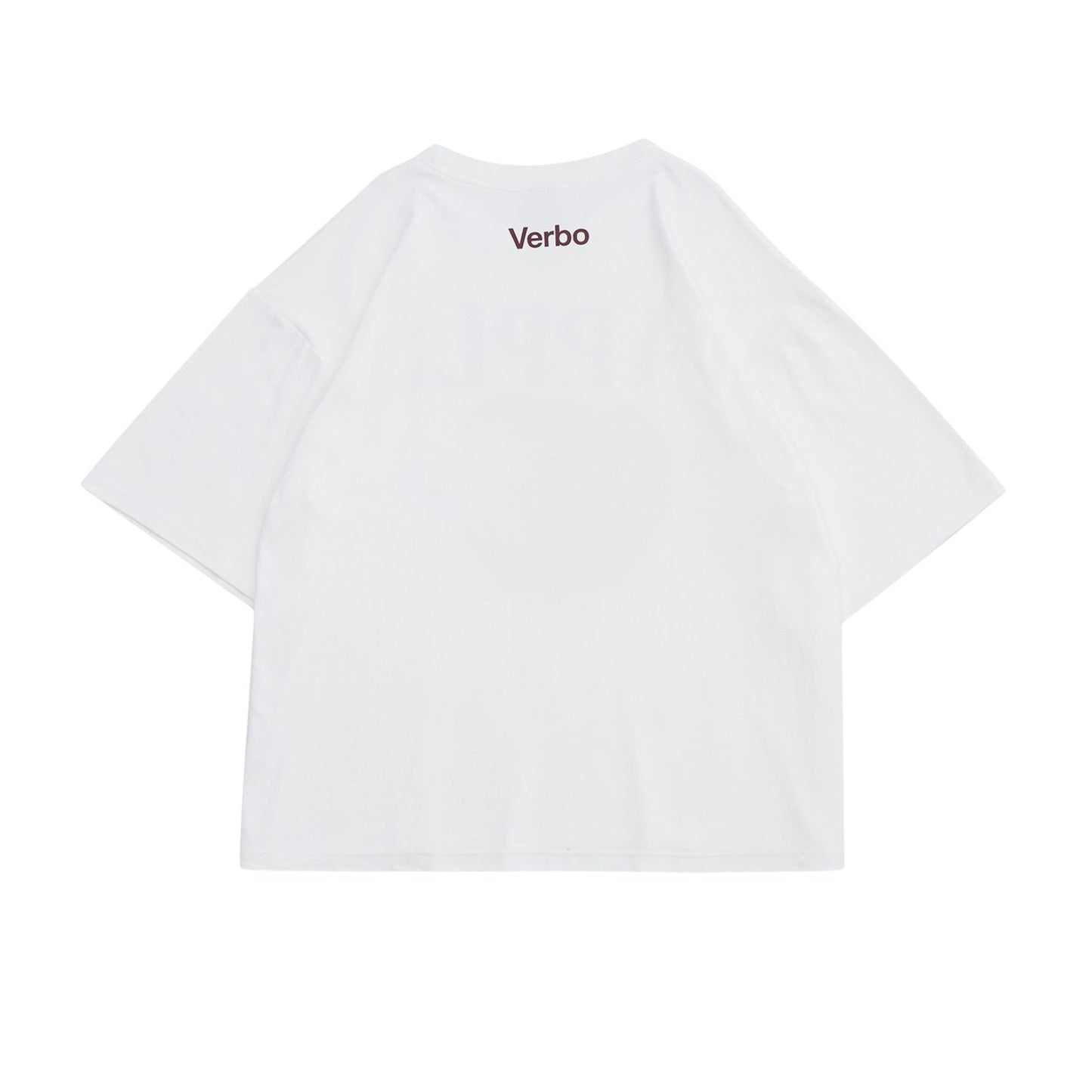 Rear view of the Broken White boxy tee showing the minimalist red "Verbo" brand logo on the upper back.