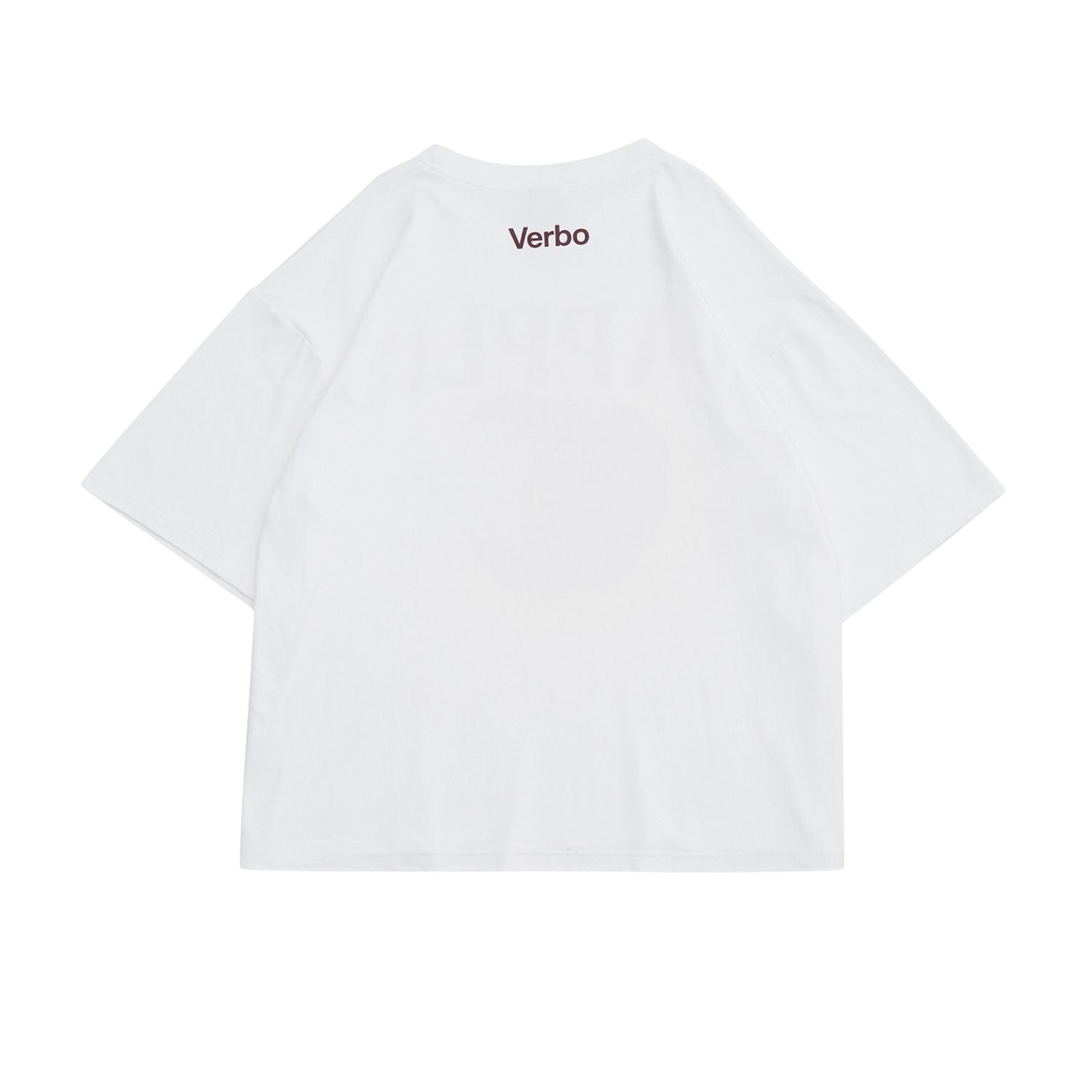 Rear view of the Broken White boxy tee showing the minimalist red "Verbo" brand logo on the upper back.
