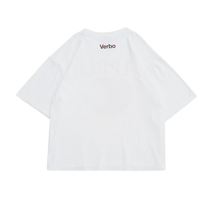 Rear view of the Broken White boxy tee showing the minimalist red "Verbo" brand logo on the upper back.