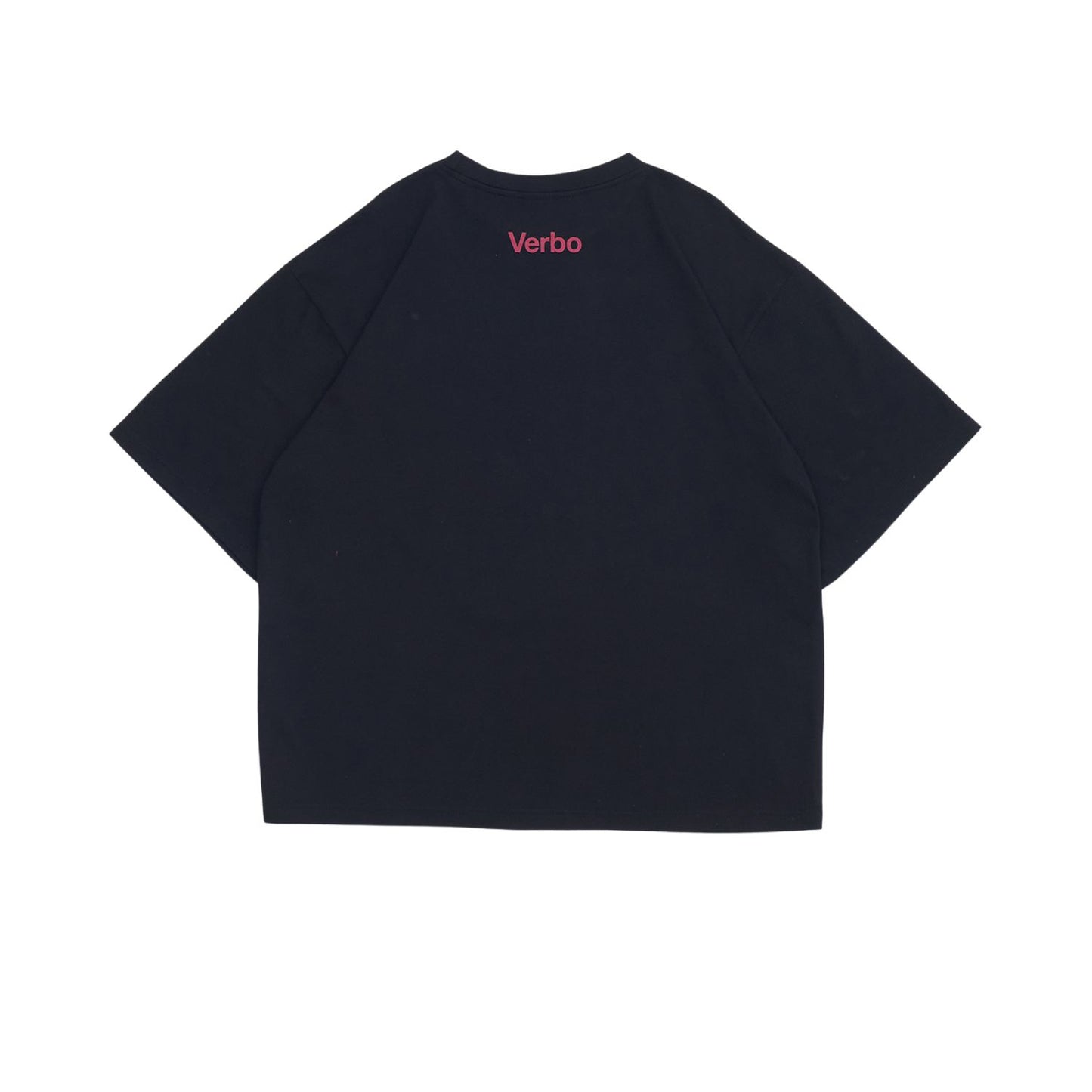 Rear view of the Noir black oversized tee showing a small red 'Verbo' brand logo printed on the upper back.