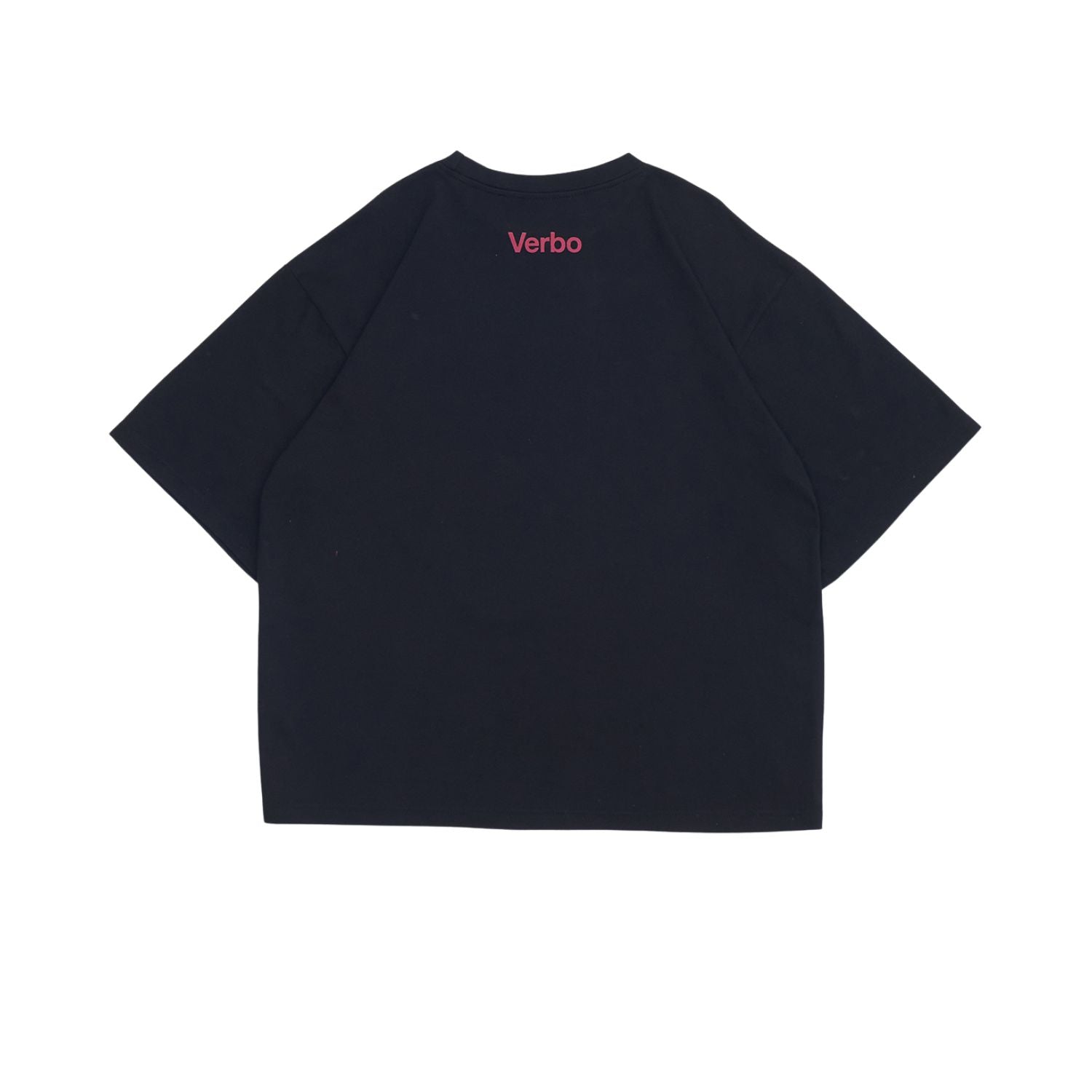 Rear view of the Noir black oversized tee showing a small red 'Verbo' brand logo printed on the upper back.