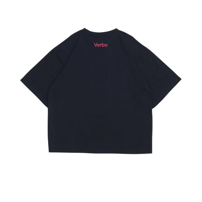 Rear view of the Noir black oversized tee showing a small red 'Verbo' brand logo printed on the upper back.