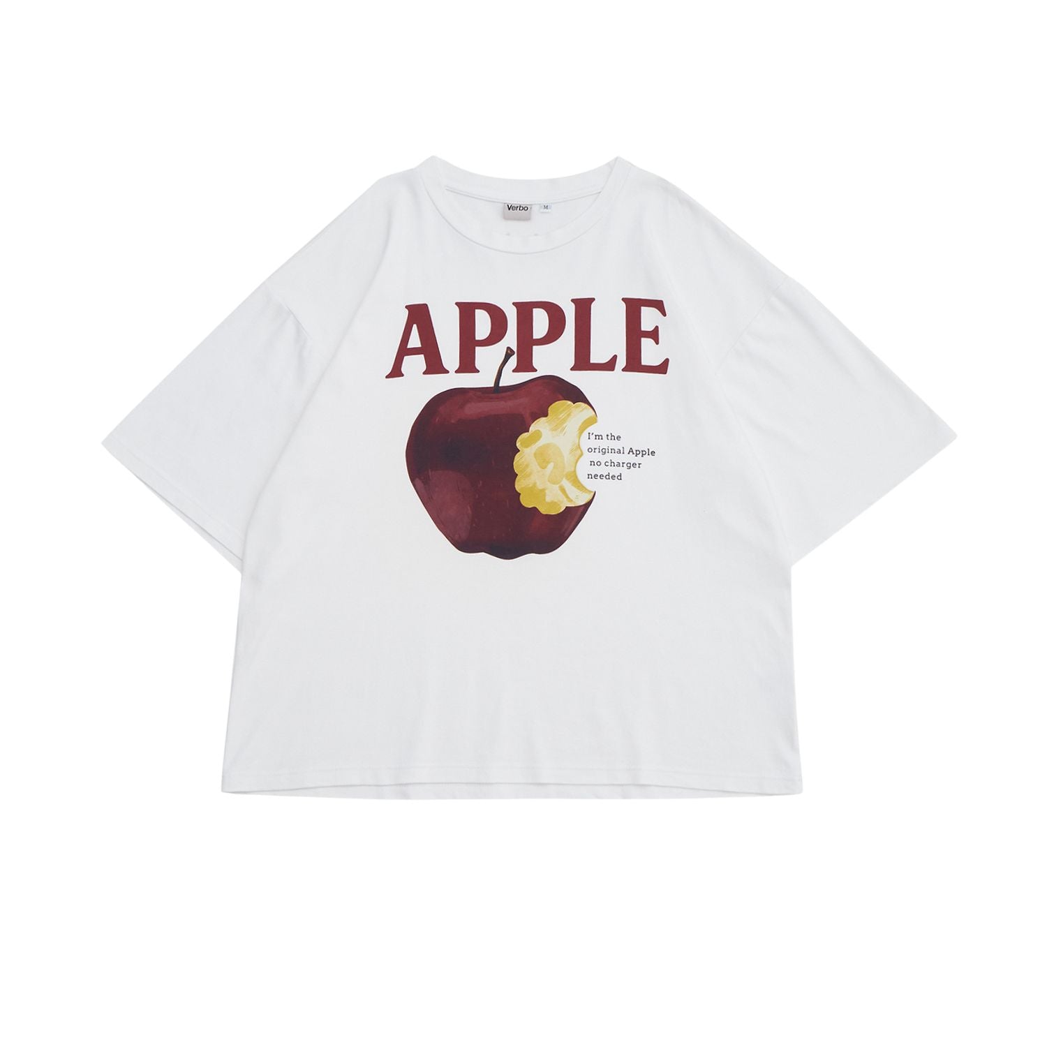 VERBO Apple Boxy Oversized Tee in Broken White featuring a vintage-style red apple graphic and "Original" text.