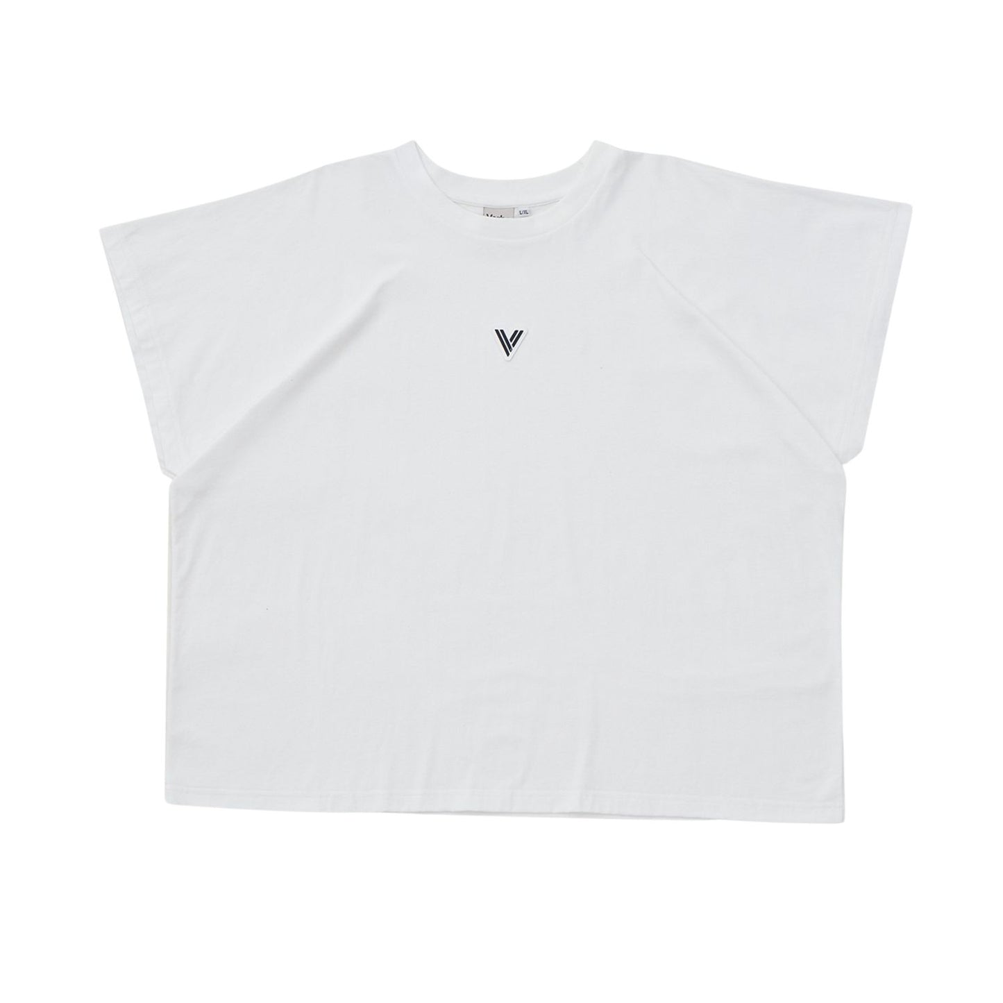 VERBO Cropped Tank in white featuring a minimalist white embroidered V logo and wide shoulder silhouette.