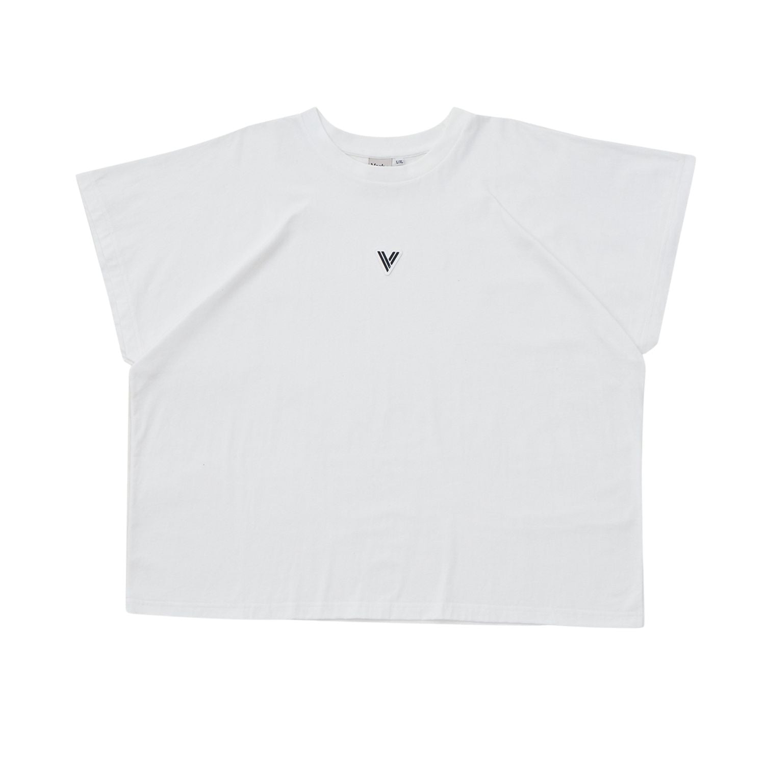 VERBO Cropped Tank in white featuring a minimalist white embroidered V logo and wide shoulder silhouette.