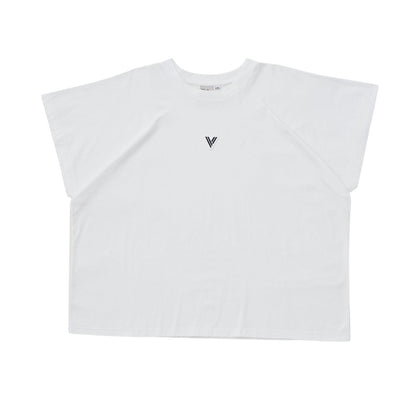 VERBO Cropped Tank in white featuring a minimalist white embroidered V logo and wide shoulder silhouette.