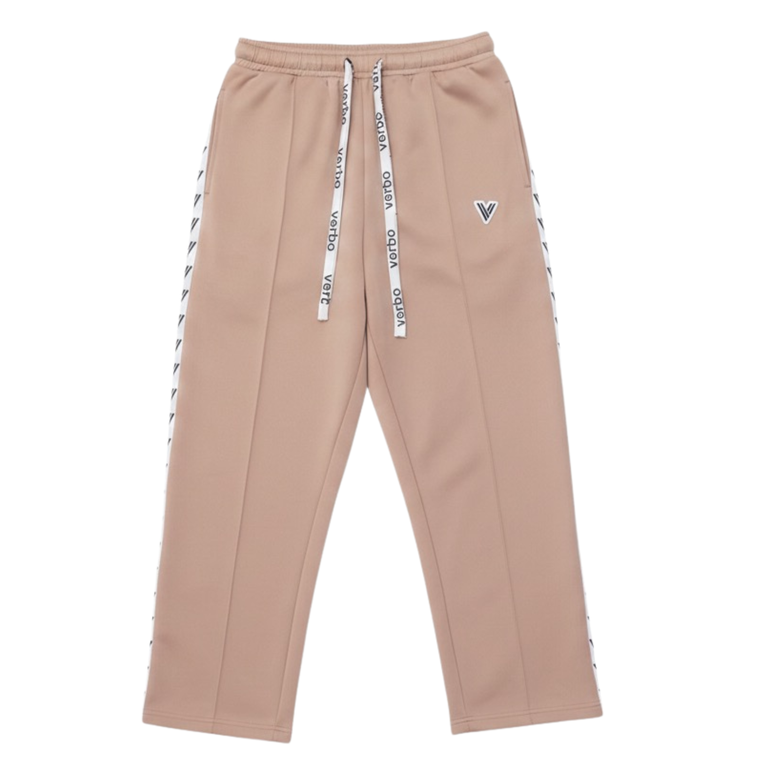 Verbo pink track pants with white logo drawstring and side logo stripe – front view