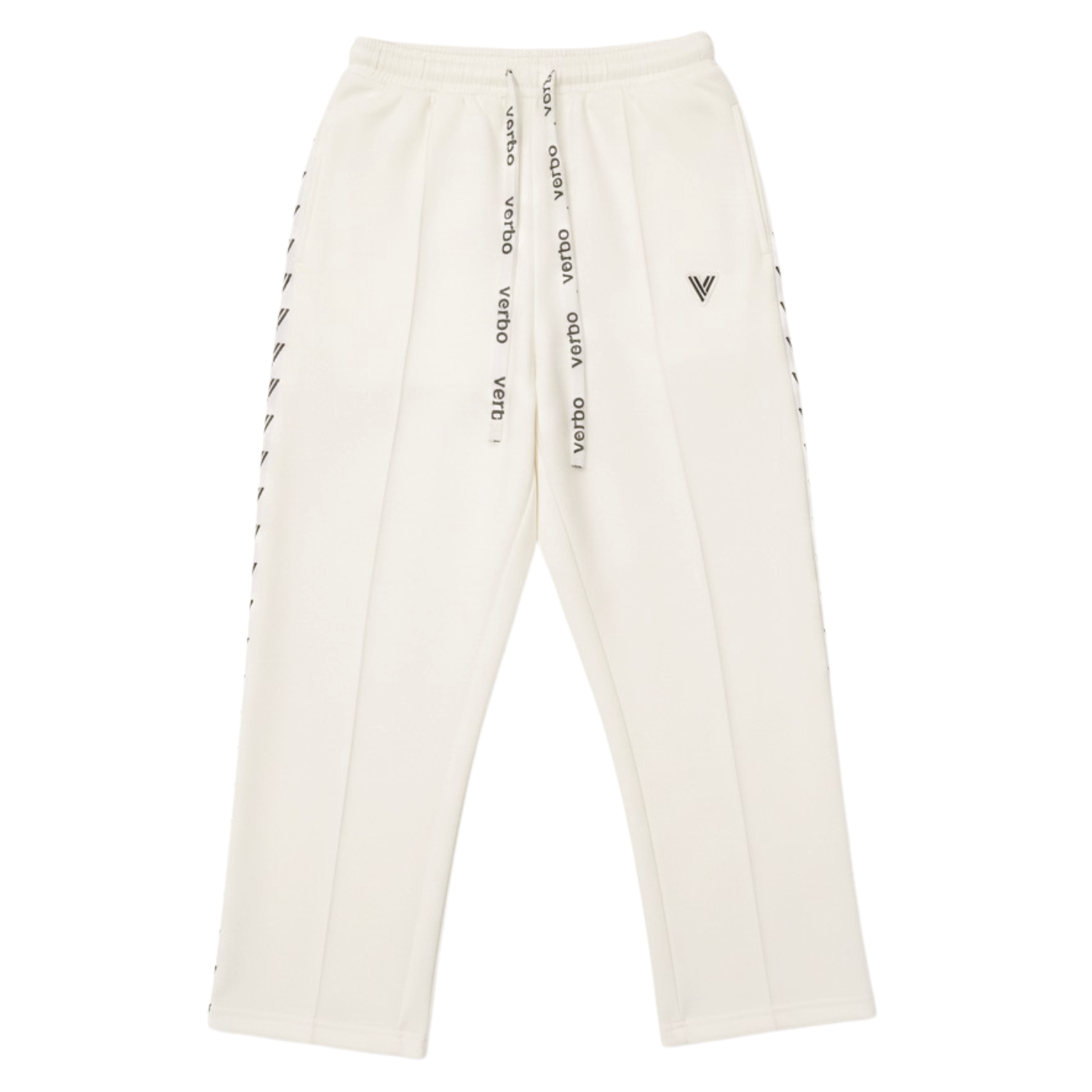 Verbo white track pants with white logo drawstring and side logo stripe – front view