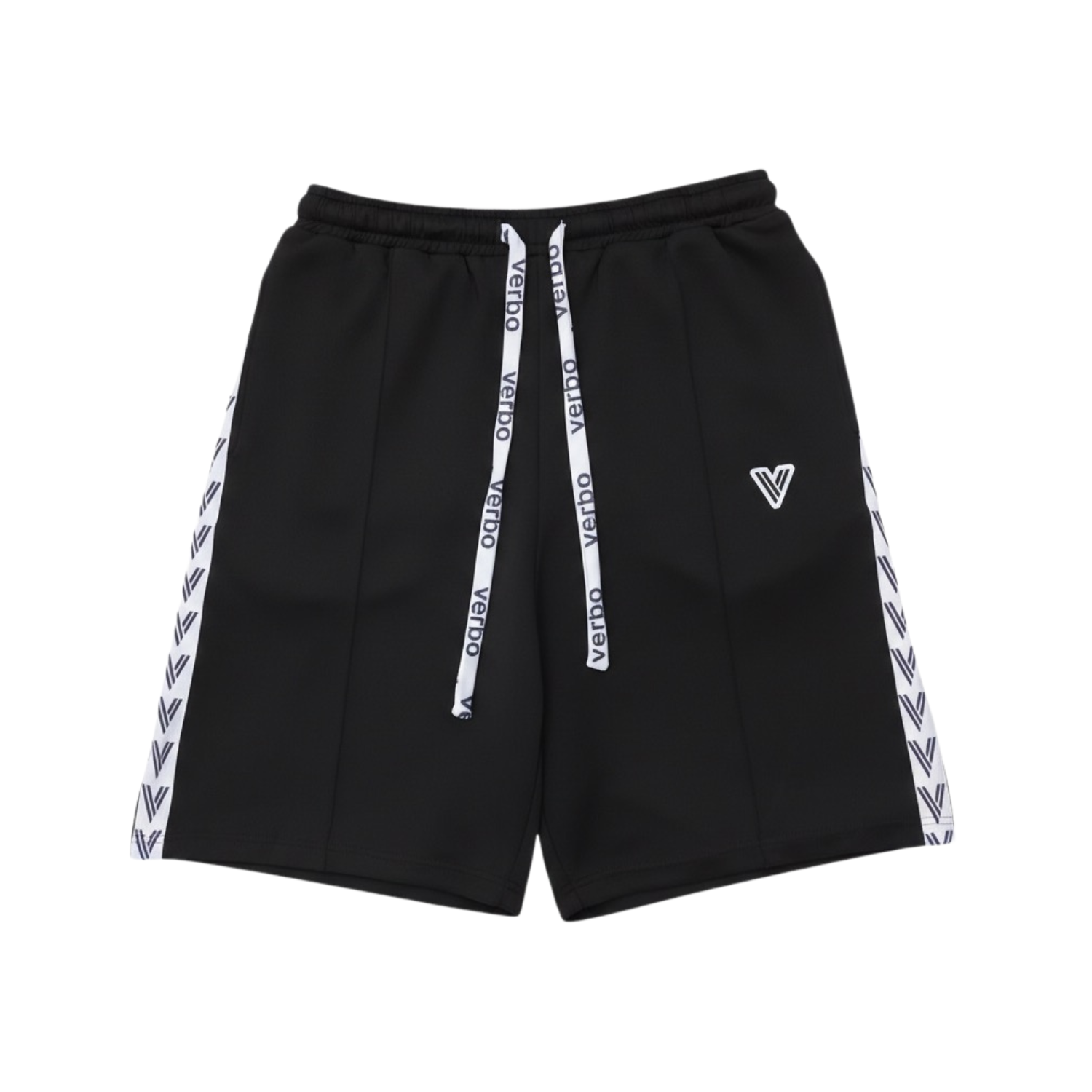 Black shorts with white drawstring and side panels on a white background