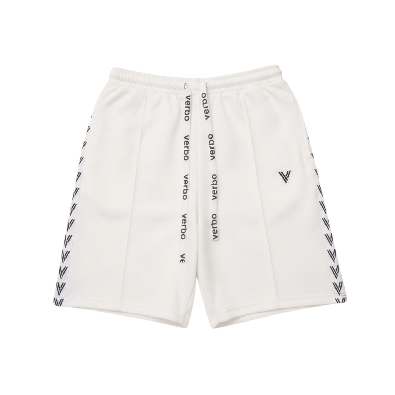 White shorts with branding on a white background