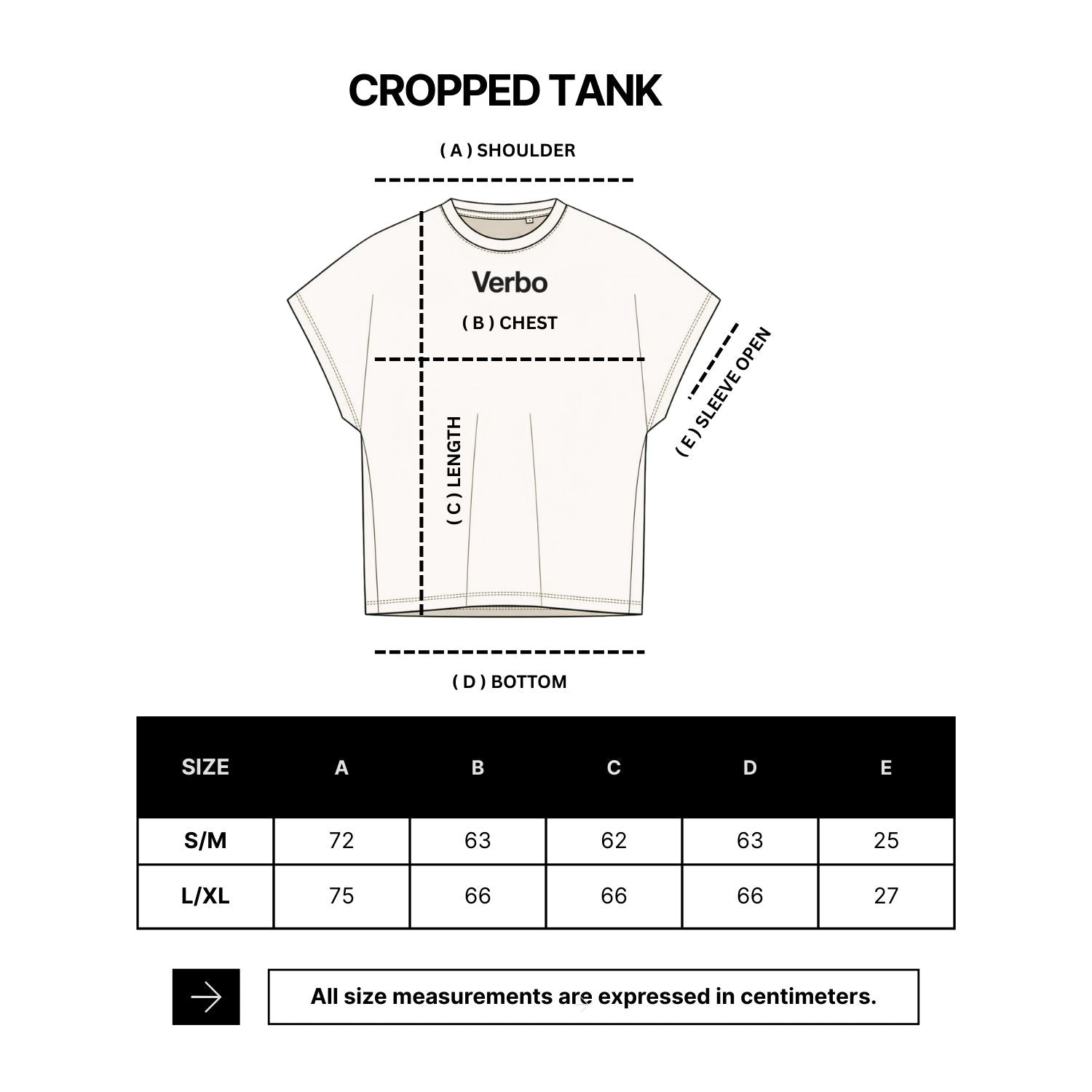 Measurement chart for a cropped tank top with brand name 'Verbo' on a white background.