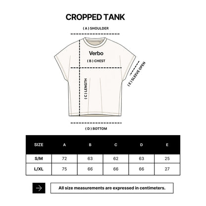 Measurement chart for a cropped tank top with brand name 'Verbo' on a white background.