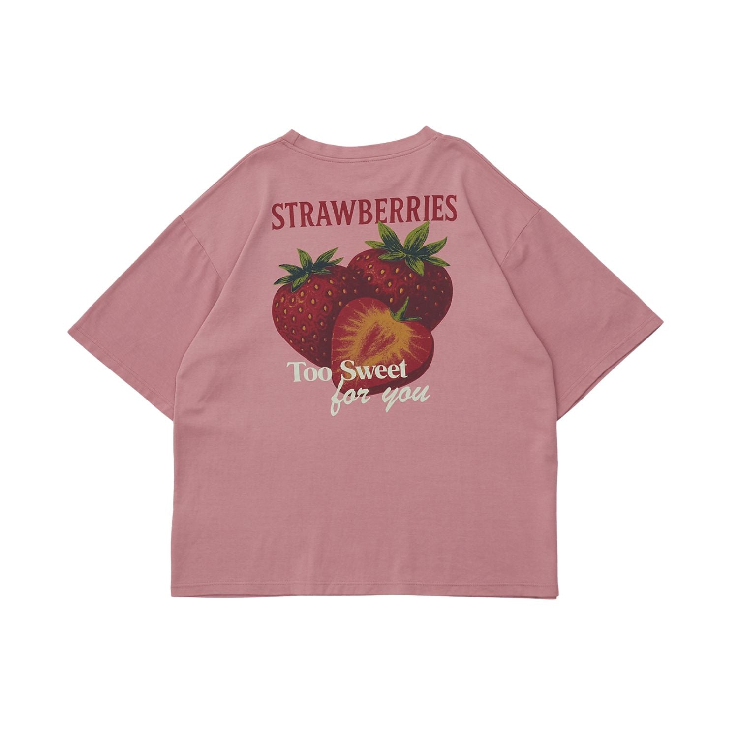 Rose Tan boxy tee with strawberry graphic and text on a white background