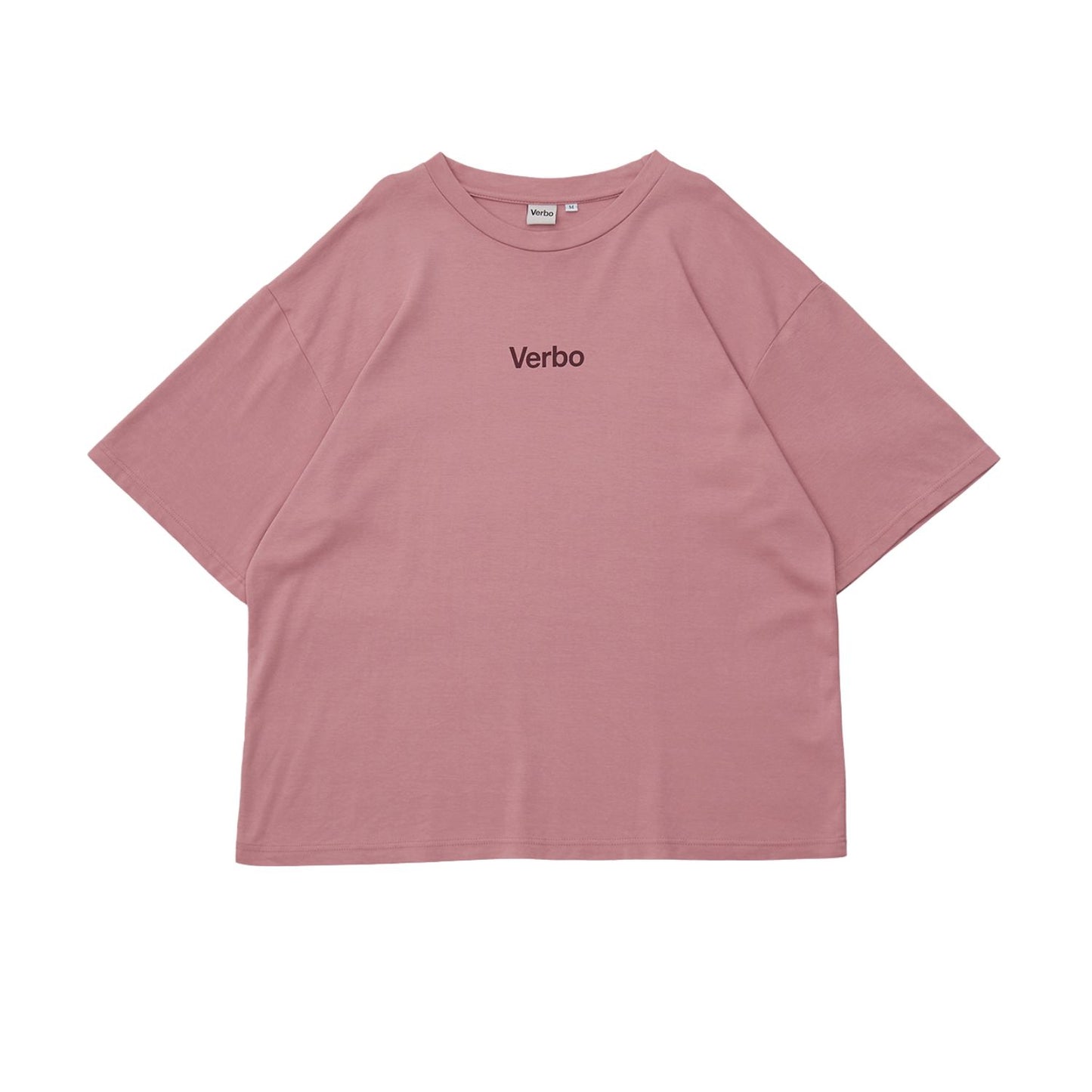 Front flat-lay view of a rose tan boxy oversized tee for men, featuring a minimal "Verbo" chest logo on a white background.
