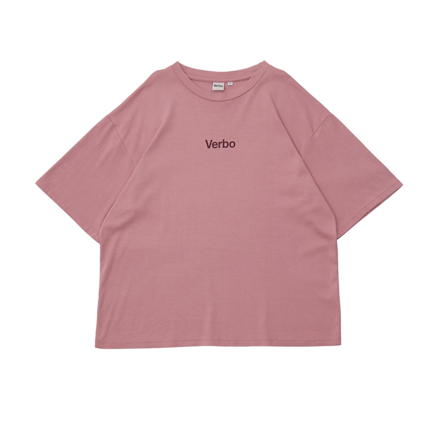 Front flat-lay view of a rose tan boxy oversized tee for men, featuring a minimal "Verbo" chest logo on a white background.