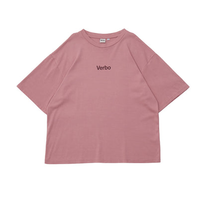 Front flat-lay view of a rose tan boxy oversized tee for men, featuring a minimal "Verbo" chest logo on a white background.