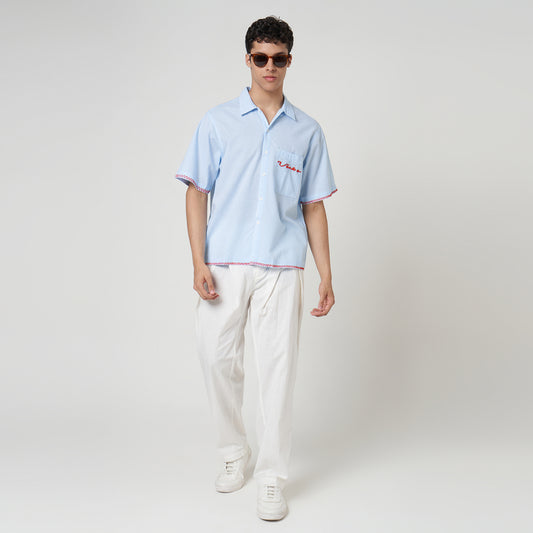 VERBO Ripple Embroidery Shirt - Sky Blue Stripe