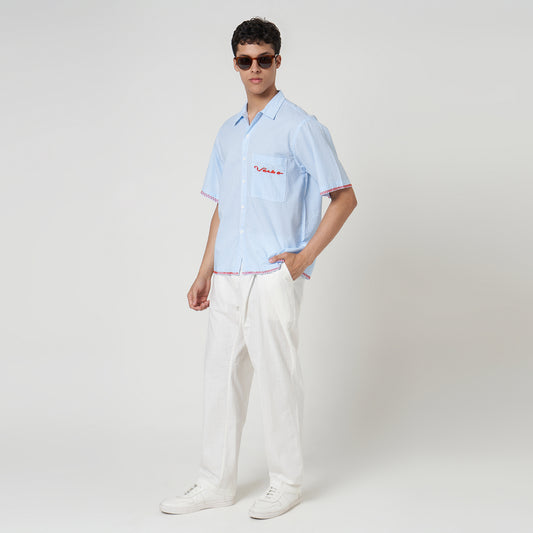 VERBO Ripple Embroidery Shirt - Sky Blue Stripe