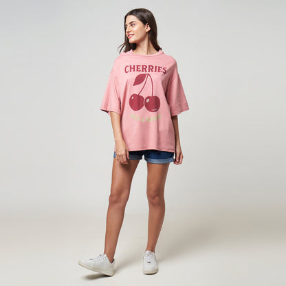 VERBO Cherries Boxy Oversized Tee - Ripe & Ready (Rose Tan)