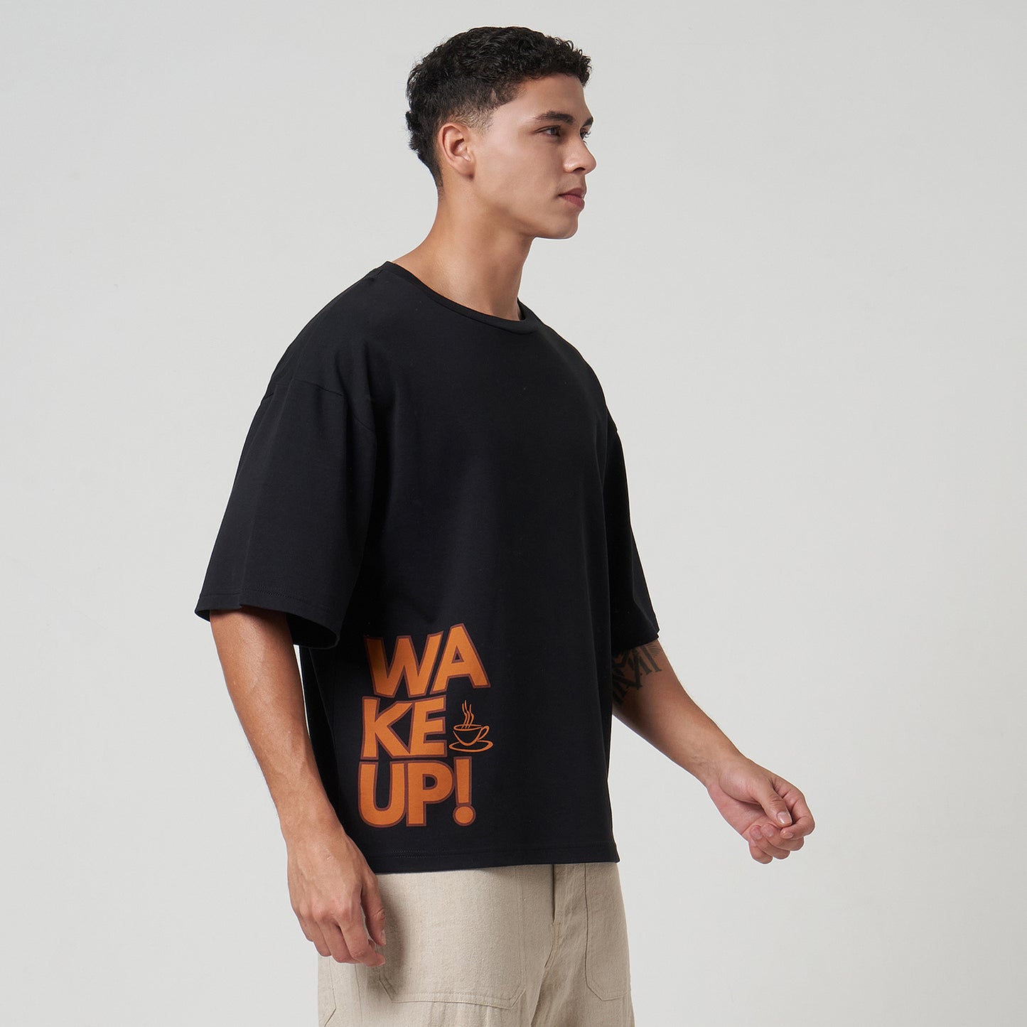 VERBO Coffee Boxy Oversized Tee  - WAKE UP! Side Print (Noir)