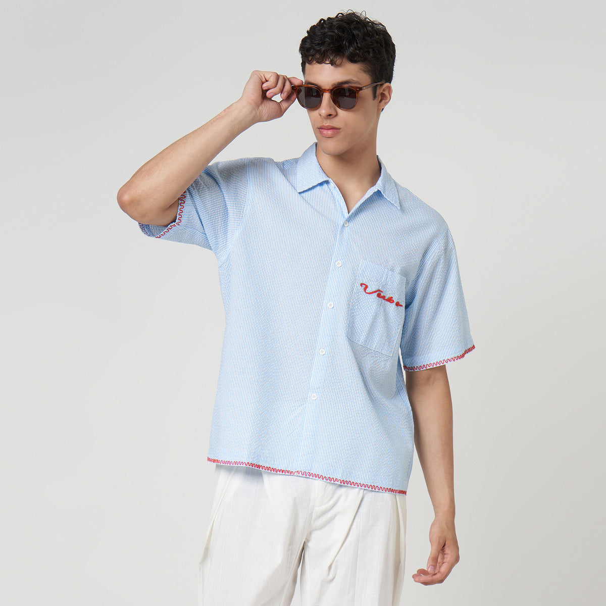 VERBO Ripple Embroidery Shirt - Sky Blue Stripe