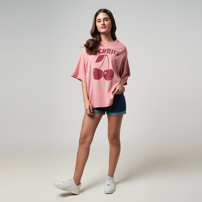 VERBO Cherries Boxy Oversized Tee - Ripe & Ready (Rose Tan)